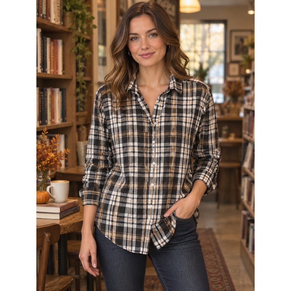 LOFT Plaid Button Down Shirt Women S Black Tan Dark Academia Preppy
